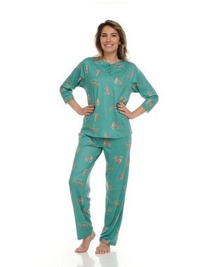Flora Nikrooz Green Tiger-Print Henley Lounge Pajama Set